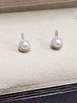 ต่างหูเงินแท้ ต่างหูมุกประดับเพชร cz