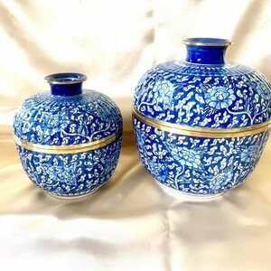 โถมะยม แม่ลูก งานกระเบื้อง เบญจรงค์ วาดลายครามดอกไม้ เคลือบเงา ฝังขอบทองเหลือง (เส้นผ่าศูนย์กลาง 7นิ้ว และ 9นิ้ว)