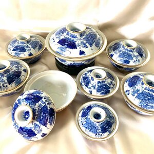 ชุดชาม ฝาปิด 8ชิ้น กระเบื้องเซรามิก เบญจรงค์ลายคราม วาดลายกอบัว ฝังขอบทองเหลือง