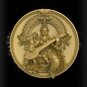 เหรียญพระแม่สรัสวตีเทวี เนื้อชุบทอง (ขนาด2.5ซม) วัดแขก ปี2563 (เข้าพิธีปลุกเสกแล้ว สายแขก) #รับประกันแท้