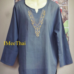 เสื้อ ลายไทย สีเทา ลายกนกสีทอง