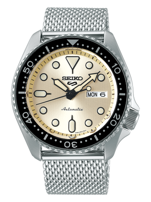 Karnvera Shop นาฬิกาข้อมือผู้ชาย Seiko 5 Sports Champagne Dial Stainless Steel Mesh Automatic SRPE75K1 Mens Watch