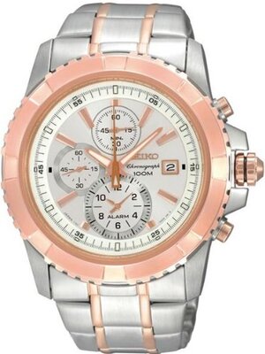 Seiko Alarm White Dial Two Tone Stainless Chronograph Watch SNAE08P1