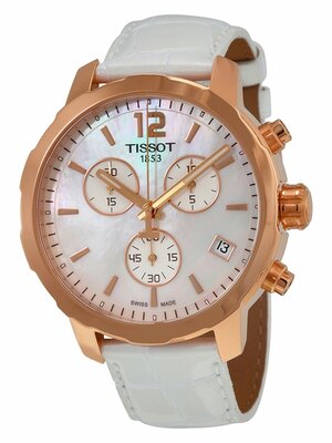 Tissot quickster Chronograph White Mother Of Pearl Dial White Leather Gold-tone Steel Case Men's Watch T095.417.36.117.00