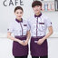 เสื้อฟอร์มพนักงานร้านอาหารกาแฟโรงแรม แขนสั้นผ้าฝ้าปกเชิ้ตลายทาง F6302003 ฟ้า ม่วง L-3XL